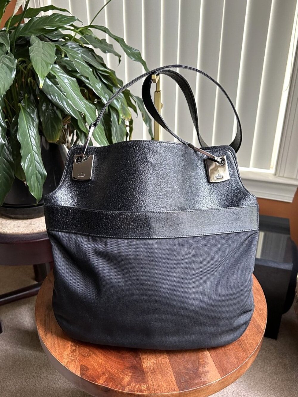 GUCCI Tom Ford Leather and Canvas Hobo Bag, Black RARE!!